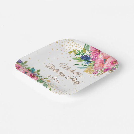 Assiettes En Carton Fleurs bleu rose jaune Anniversaire (Angulaire)