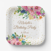 Assiettes En Carton Fleurs bleu rose jaune Anniversaire (Recto)