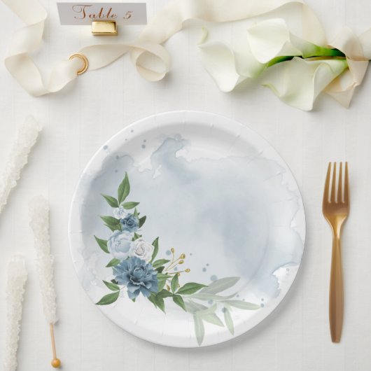 Assiettes En Carton fleurs bleues et blanches botaniques (Mariage)