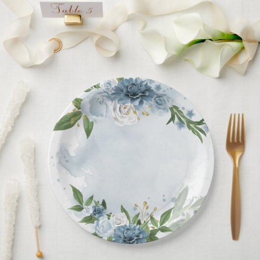 Assiettes En Carton fleurs bleues et blanches botaniques (Mariage)