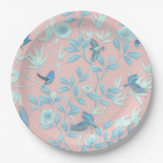 Assiettes En Carton fleurs bleues et oiseau, couleur rose clair Arrièr