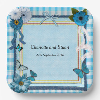 Assiettes En Carton Fleurs bleues et papillons