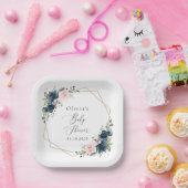 Assiettes En Carton Fleurs Bleues Marine, Fleurs Roses, Baby shower (Fête)