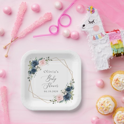 Assiettes En Carton Fleurs Bleues Marine, Fleurs Roses, Baby shower (Fête)