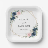 Assiettes En Carton Fleurs Bleues Marine, Fleurs Roses, Mariage Floral (Recto)