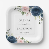 Assiettes En Carton Fleurs Bleues Marine, Fleurs Roses, Mariage Floral (Recto)