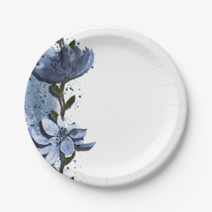 Assiettes En Carton Fleurs Bleues Modernes Mariage Aquarelle Florale