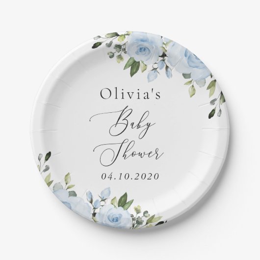 Assiettes En Carton Fleurs bleues poussiéreuses, Verdure, Boho, Baby s (Devant)