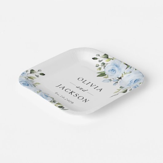 Assiettes En Carton Fleurs bleues poussiéreuses, Verdure, Boho, Mariag (Angulaire)