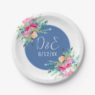 Assiettes En Carton Fleurs Bleues Rose Bouquet Mariage Personnalisé
