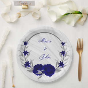 Assiettes En Carton fleurs bleues royales argent feuilles couronne mar