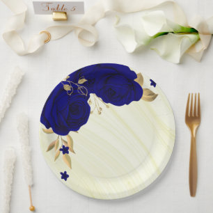 Assiettes En Carton fleurs bleues royales or marbre feuille
