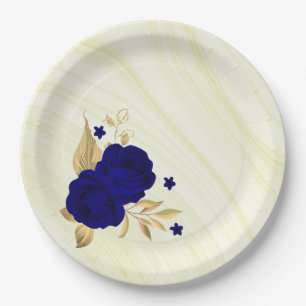 Assiettes En Carton fleurs bleues royales or marbre feuille