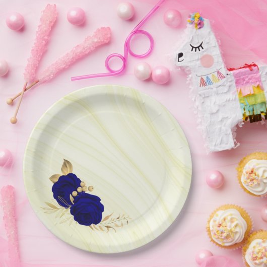 Assiettes En Carton fleurs bleues royales or marbre feuille (Fête)