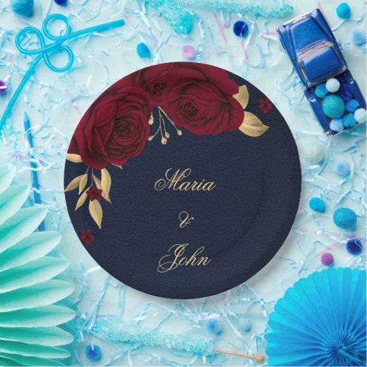 Assiettes En Carton fleurs bordeaux or bleu marine feuille (Fête)
