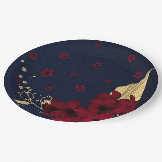 Assiettes En Carton fleurs bordeaux or bleu marine feuille (Angle)