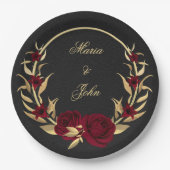 Assiettes En Carton fleurs bordeaux or feuille couronne noir (Devant)