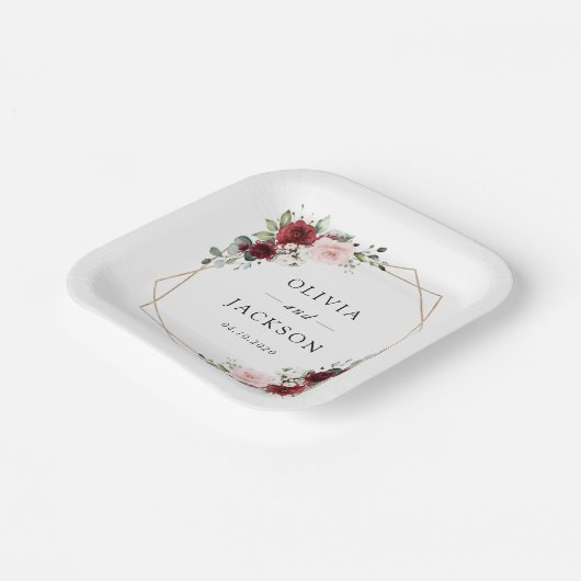 Assiettes En Carton Fleurs Bourgogne, Fleurs roses, Verdure, Mariage (Angulaire)