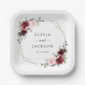 Assiettes En Carton Fleurs Bourgogne, Fleurs roses, Verdure, Mariage (Recto)