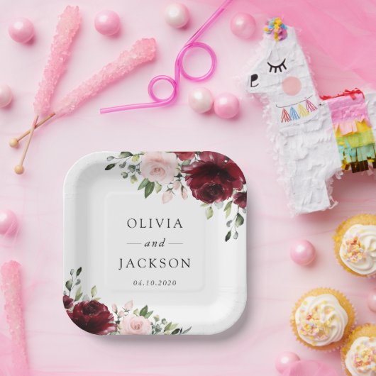 Assiettes En Carton Fleurs Bourgogne, Fleurs roses, Verdure, Mariage (Fête)