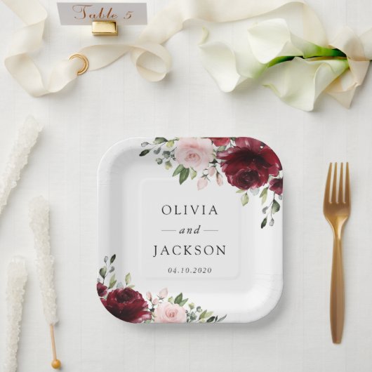 Assiettes En Carton Fleurs Bourgogne, Fleurs roses, Verdure, Mariage (Mariage)