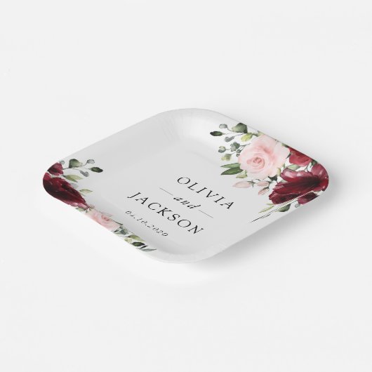 Assiettes En Carton Fleurs Bourgogne, Fleurs roses, Verdure, Mariage (Angulaire)