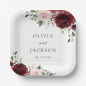 Assiettes En Carton Fleurs Bourgogne, Fleurs roses, Verdure, Mariage (Recto)
