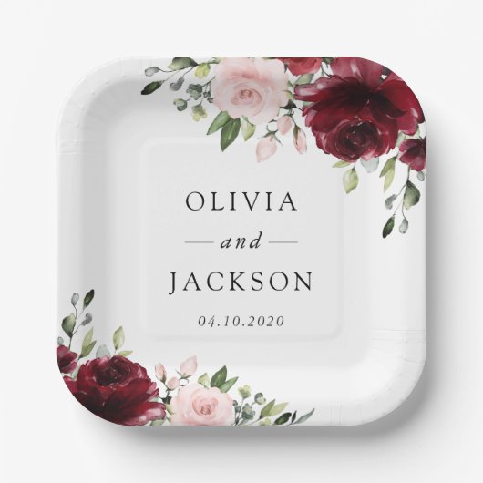 Assiettes En Carton Fleurs Bourgogne, Fleurs roses, Verdure, Mariage (Recto)