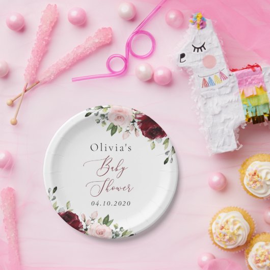 Assiettes En Carton Fleurs Bourgognes, Fleurs Roses, Boho, Baby shower (Fête)