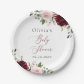 Assiettes En Carton Fleurs Bourgognes, Fleurs Roses, Boho, Baby shower (Devant)