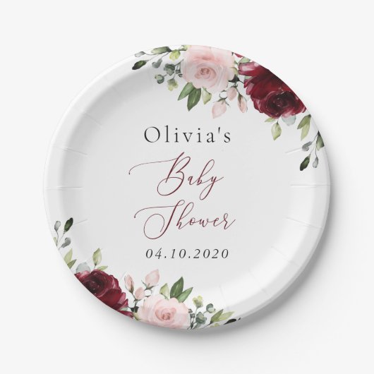 Assiettes En Carton Fleurs Bourgognes, Fleurs Roses, Boho, Baby shower (Devant)