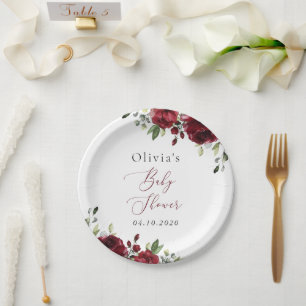 Assiettes En Carton Fleurs Bourgognes, Fleurs Rouges, Boho, Baby showe