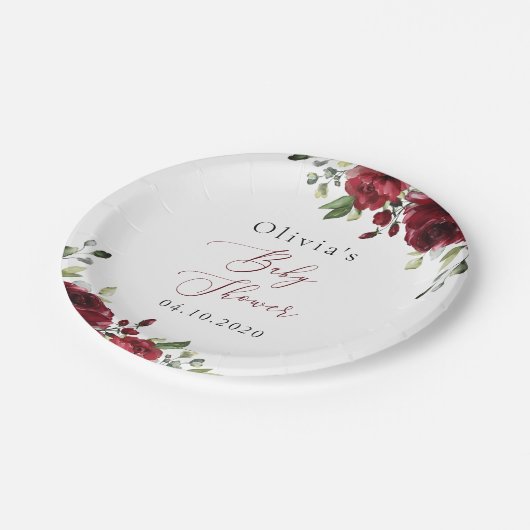 Assiettes En Carton Fleurs Bourgognes, Fleurs Rouges, Boho, Baby showe (Angle)