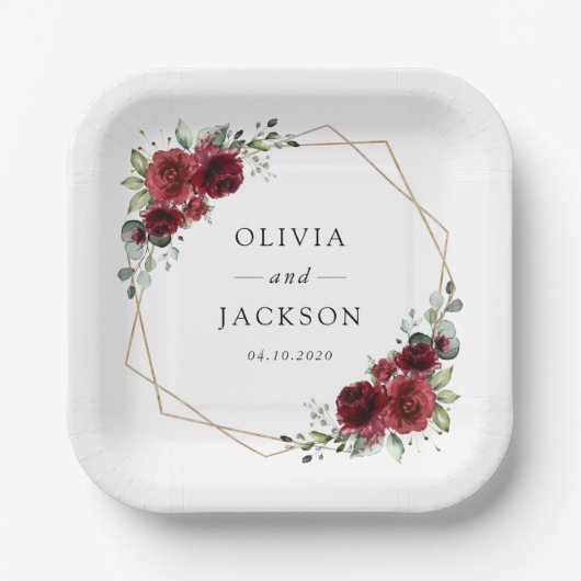 Assiettes En Carton Fleurs Bourgognes, Fleurs rouges, Mariage Floral (Recto)