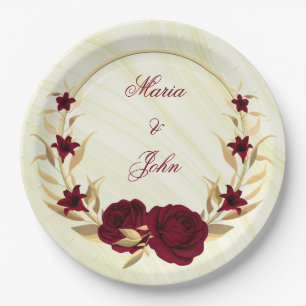 Assiettes En Carton fleurs bourguignonnes or feuilles couronne marbre