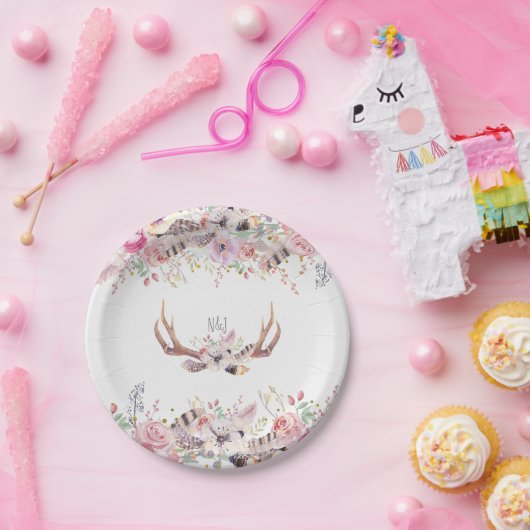 Assiettes En Carton Fleurs & Cerfs Antlers Mariage Rustique Événement (Fête)