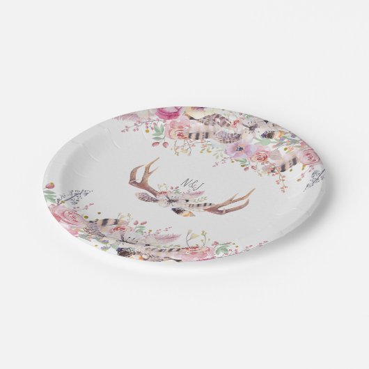 Assiettes En Carton Fleurs & Cerfs Antlers Mariage Rustique Événement (Angle)