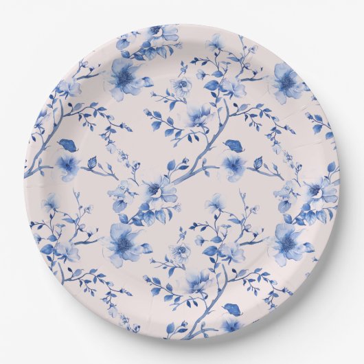 Assiettes En Carton Fleurs chinoiserie bleu et rose (Devant)