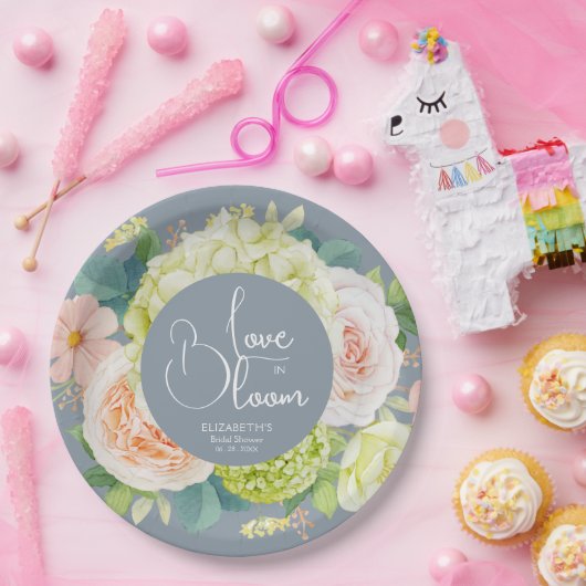 Assiettes En Carton Fleurs d'amour Floral Mariage Poussiéreux Bleu (Fête)