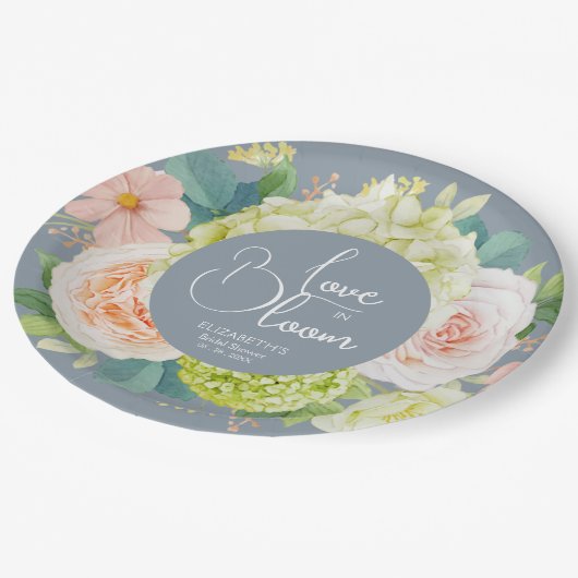 Assiettes En Carton Fleurs d'amour Floral Mariage Poussiéreux Bleu (Angle)