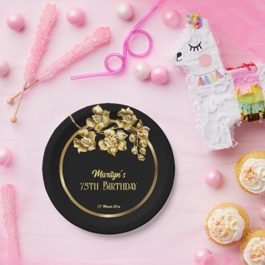 Assiettes En Carton Fleurs d'anniversaire en noir et or personnalisées (Fête)