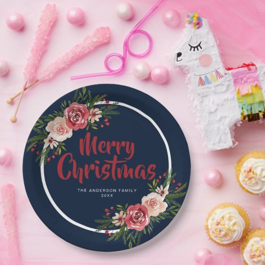 Assiettes En Carton Fleurs d'aquarelle bleu de la marine Noël (Fête)