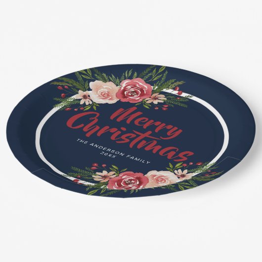 Assiettes En Carton Fleurs d'aquarelle bleu de la marine Noël (Angle)