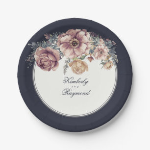 Assiettes En Carton Fleurs d'aquarelle bleu marine et mauve Vintage