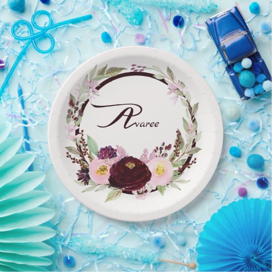Assiettes En Carton Fleurs d'aquarelle bordeaux et roses (Fête)