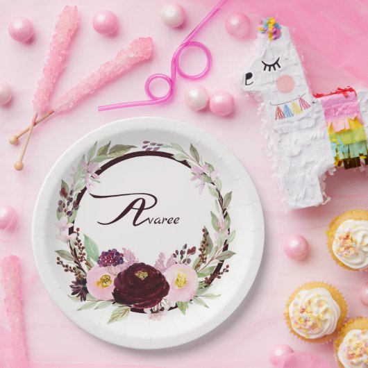 Assiettes En Carton Fleurs d'aquarelle bordeaux et roses (Fête)