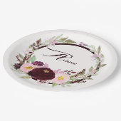 Assiettes En Carton Fleurs d'aquarelle bordeaux et roses (Angle)