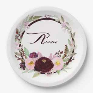 Assiettes En Carton Fleurs d'aquarelle bordeaux et roses