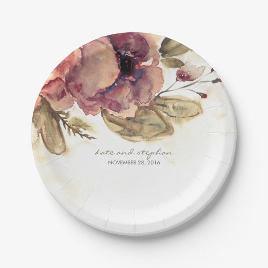 Assiettes En Carton Fleurs d'aquarelle Bourgogne automne Vintage (Devant)