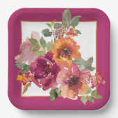 Assiettes En Carton Fleurs d'aquarelle Bourgogne et orange (Recto)